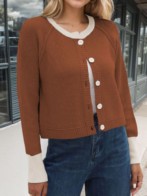 Brown raglan sleeve colorblock knit cardigan with white trim and buttons.
