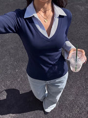 Contrast Collar Long Sleeve Top in Dark Blue, side view