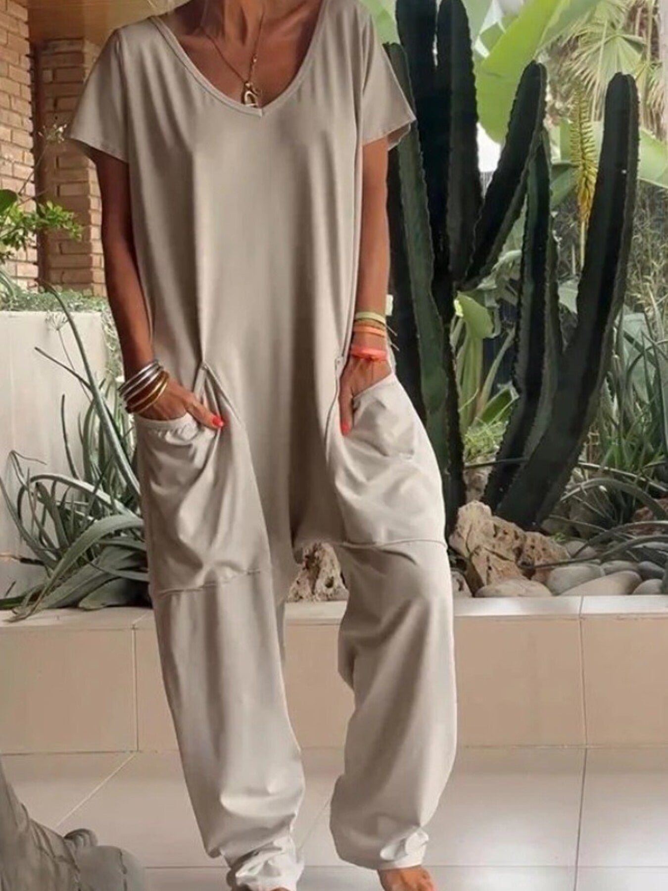 Loose Fit V-neck Short Sleeve Wide Leg Jumpsuit in Floral Gray, fabric detail
