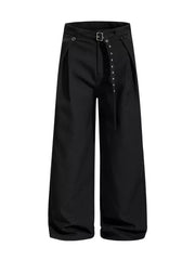 Black wide-leg sweatpants with belt and buckle detail