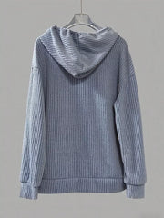 Dusty blue ribbed knit button-front hoodie with drawstring and banded cuffs.