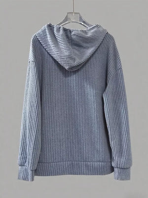 Dusty blue ribbed knit button-front hoodie with drawstring and banded cuffs.