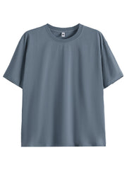 Blue crew neck t-shirt with short sleeves and a relaxed fit.