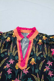 Vibrant floral print cotton blouse with contrast trim and ruffled collar