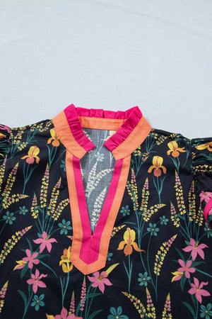 Vibrant floral print cotton blouse with contrast trim and ruffled collar