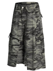 Camouflage cotton cargo capris with utility pockets and button fly.