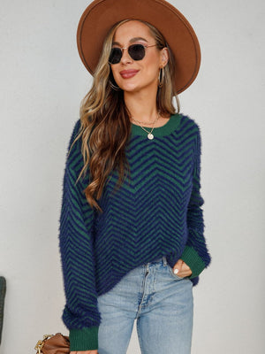 Fluffy knit chevron sweater in navy and green with a crew neck.