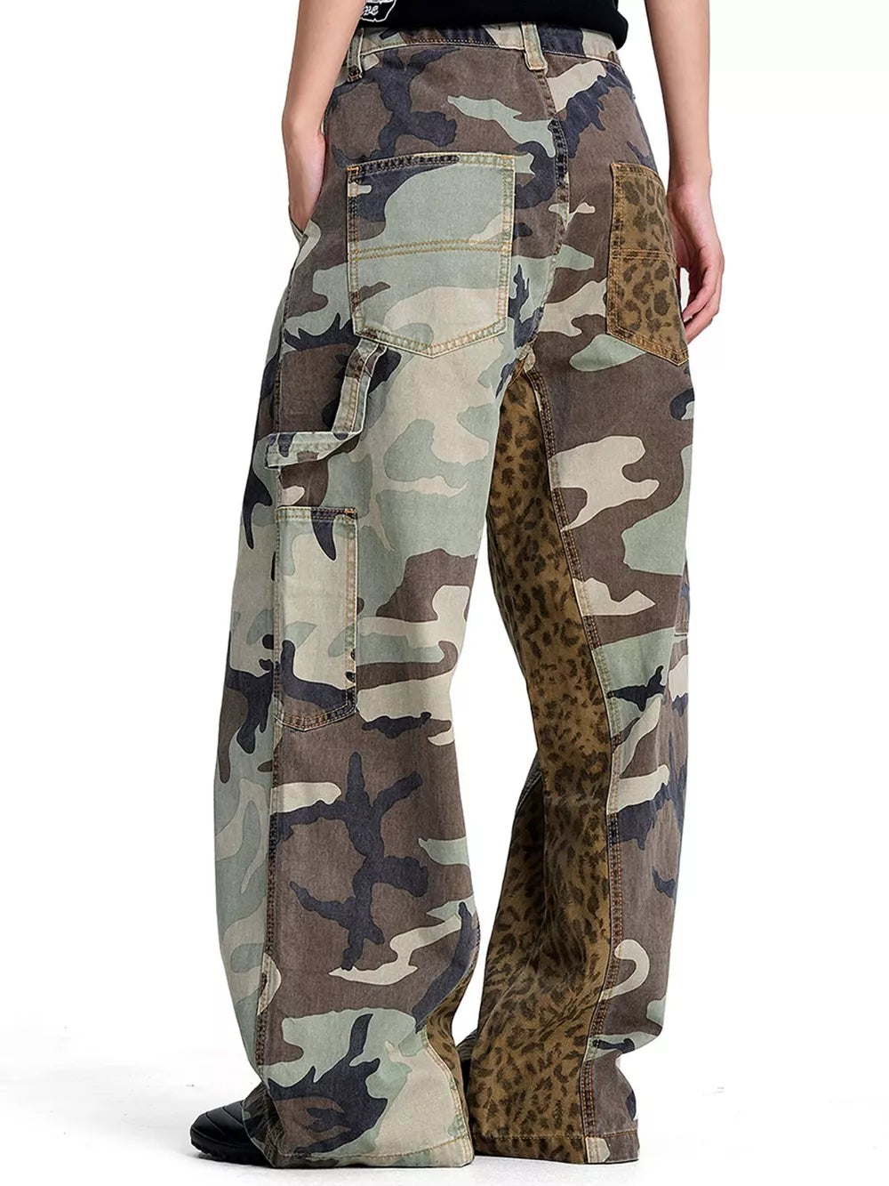 Men's Camouflage Leopard Patchwork Cargo Pants in Army Green, close-up detail