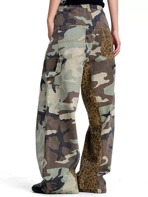 Men's Camouflage Leopard Patchwork Cargo Pants in Army Green, close-up detail