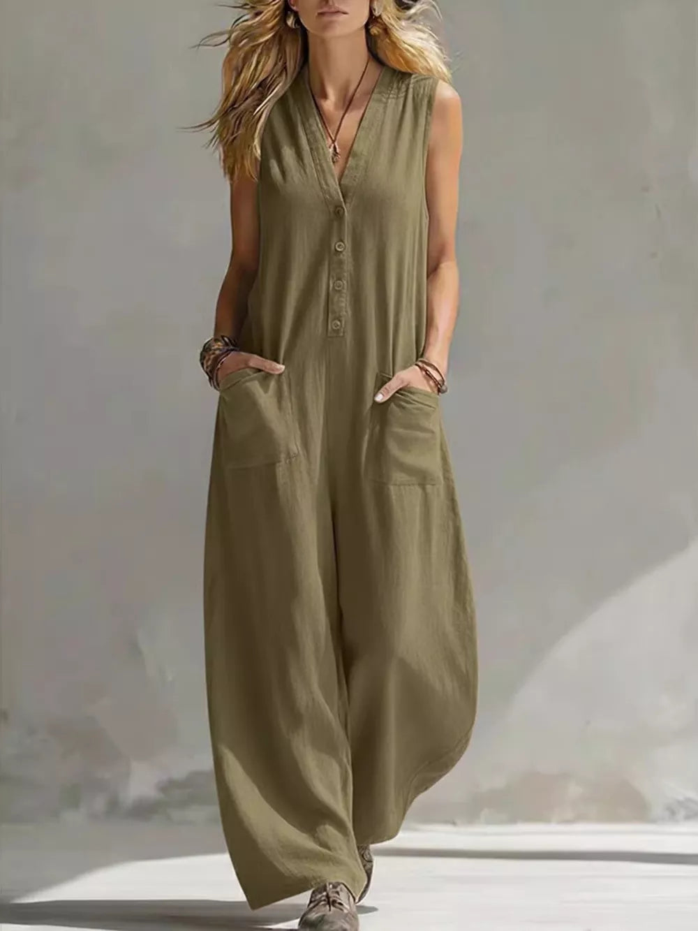 Chic V-neck Wide-leg Jumpsuit With Pockets