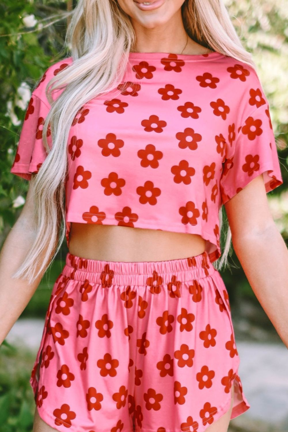 Coral retro floral crop top and shorts set with a comfortable elastic waistband.