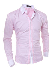 Men's slim fit pink long sleeve shirt with white collar and cuffs
