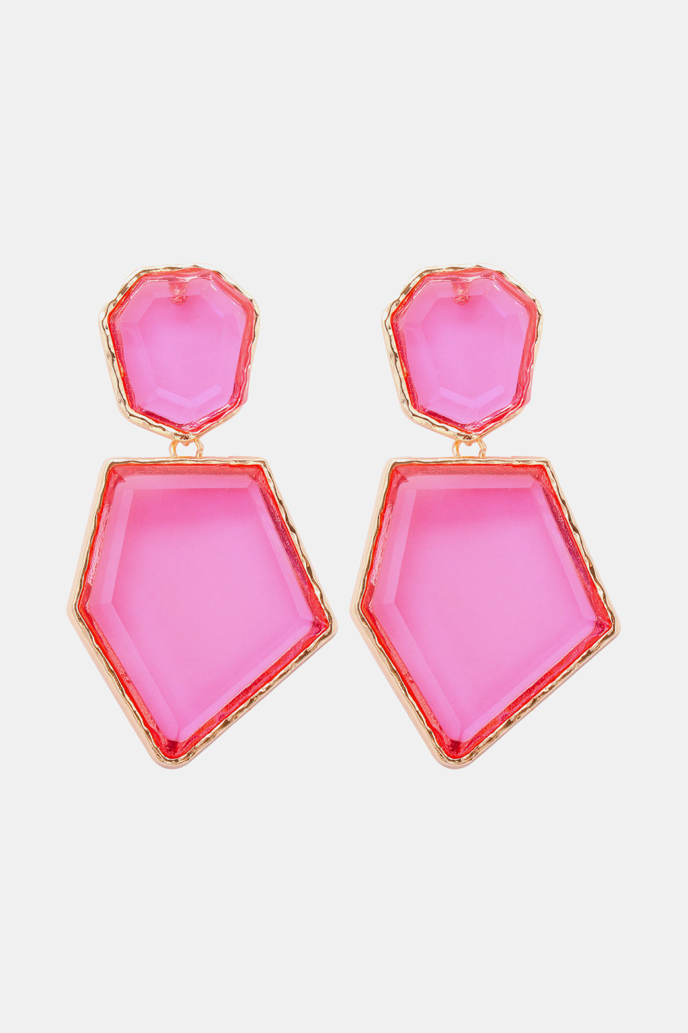 Resin facet drop earrings with gold trim in hot pink.