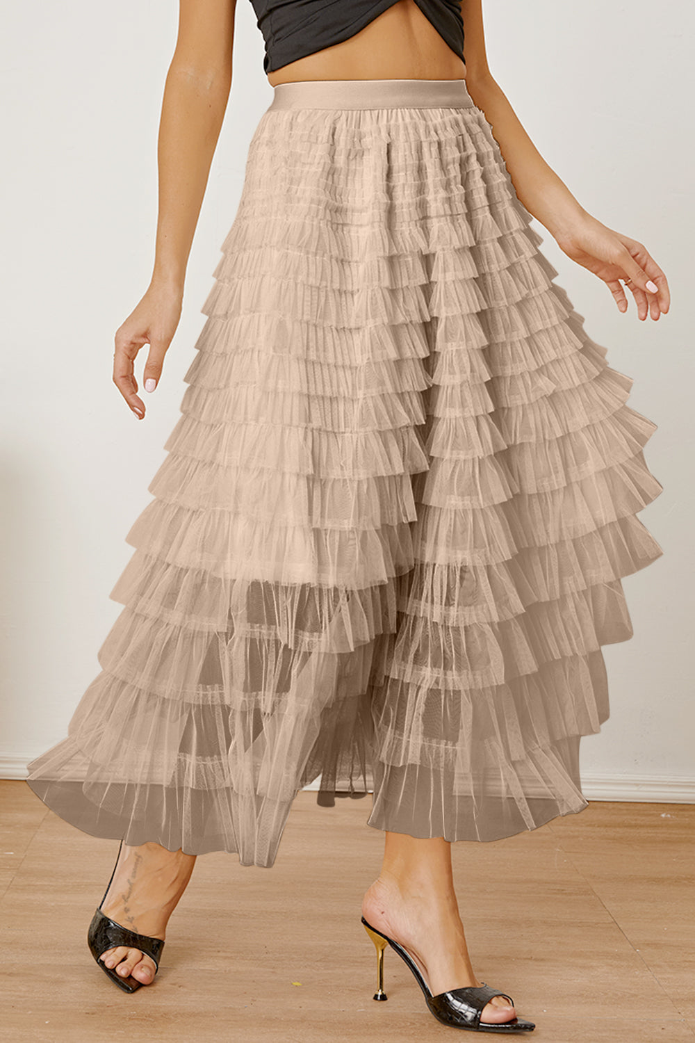 Tiered tulle maxi skirt in khaki with ruffled layers and a comfortable waistband.