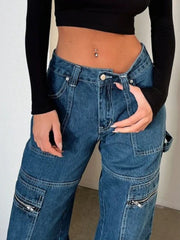 Zipper pocket wide leg cargo jeans in dark blue denim with multiple pockets.