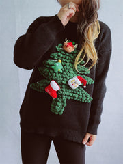 Black acrylic knit sweater with a 3D Christmas tree applique featuring Santa, a reindeer, a stocking, and a mini tree.
