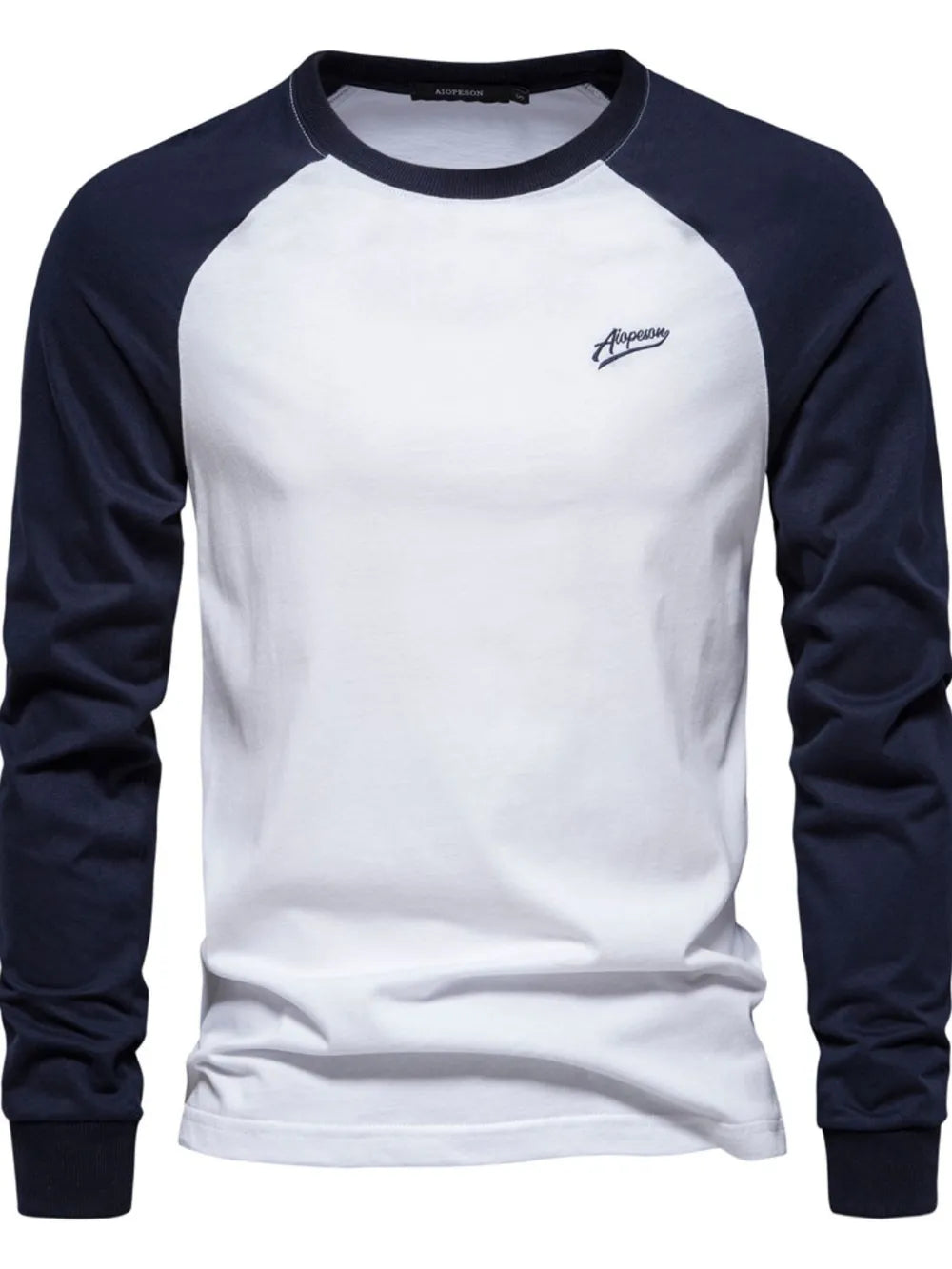 White long sleeve raglan tee with navy sleeves and a small embroidered logo.