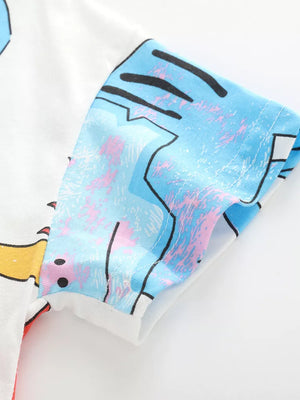 Kids white cotton t-shirt with colorful dinosaur print on sleeves