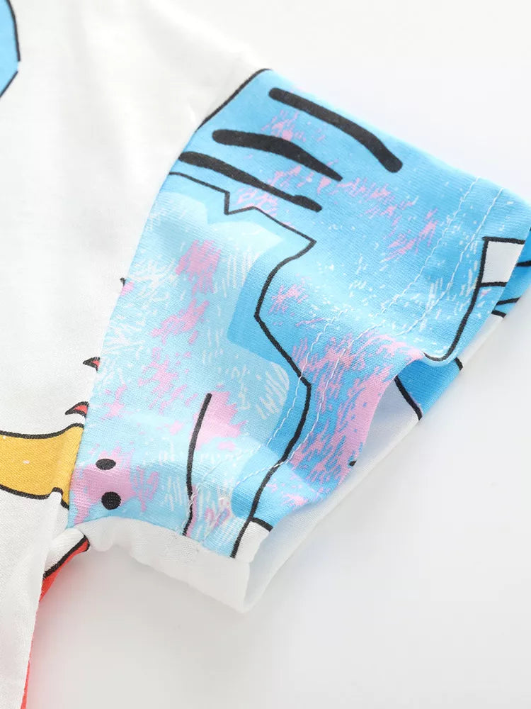 Kids white cotton t-shirt with colorful dinosaur print on sleeves