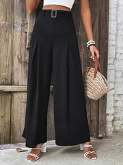 Belted black palazzo trousers with a drape-front and wide leg.
