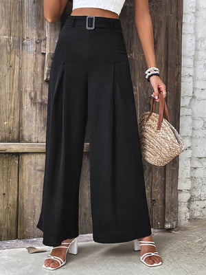 Belted black palazzo trousers with a drape-front and wide leg.