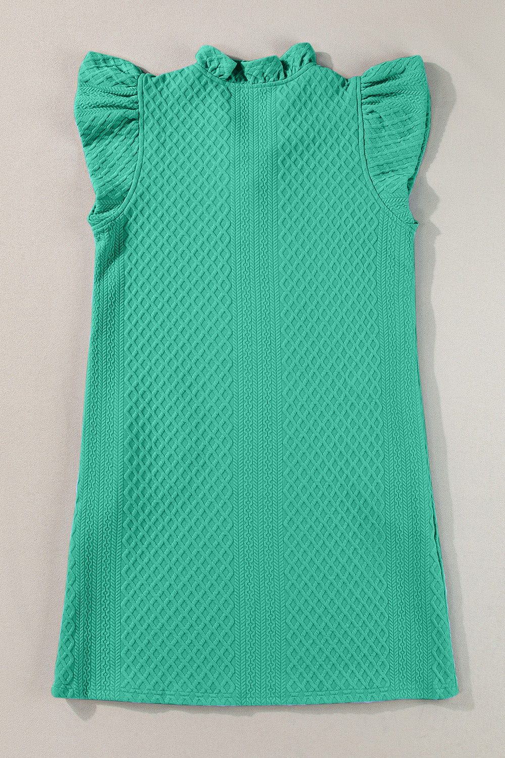 Turquoise textured trapeze dress with ruffle sleeves and mock neck