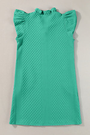 Turquoise textured trapeze dress with ruffle sleeves and mock neck