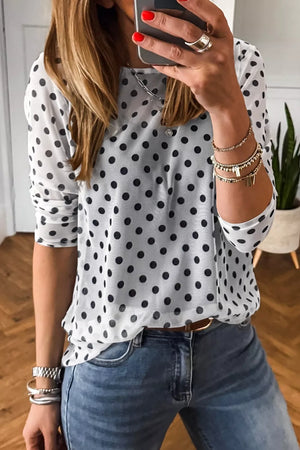 Polka Dot Sheer Mesh Long Sleeve Shift Top in White, side view