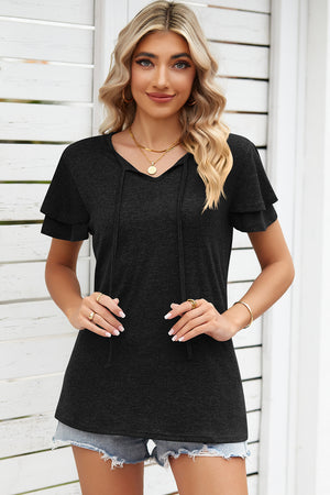 Black flutter sleeve henley tee with tie neck and layered sleeves.