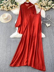 Red embroidered floral two-piece set with collared long sleeve top and spaghetti strap maxi dress.
