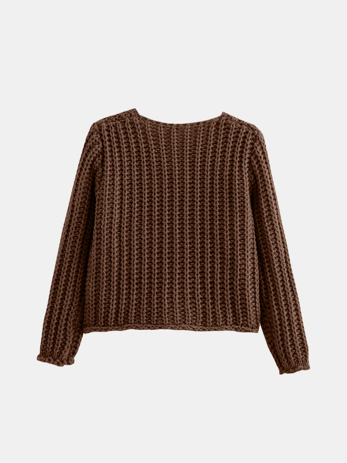 Brown chunky knit cardigan with long sleeves and ribbed cuffs.