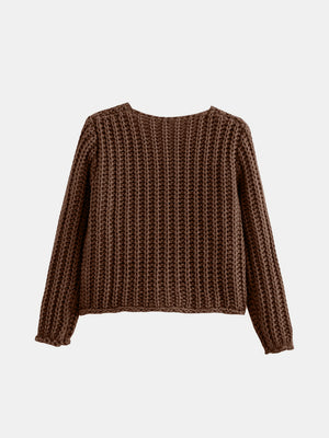 Brown chunky knit cardigan with long sleeves and ribbed cuffs.