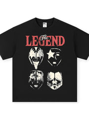 Black oversized graphic t-shirt with distressed "The Legend" text and four mask prints.