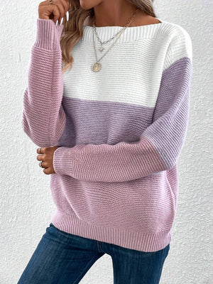 Colorblock ribbed knit sweater with boatneck in white, lavender, and pink.