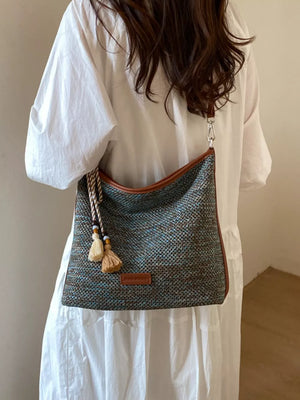Tassel Woven Crossbody Bag in French Blue, front view