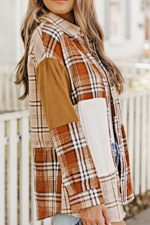 Patchwork plaid knit shacket in sherbet with contrasting corduroy and cable knit sleeves.