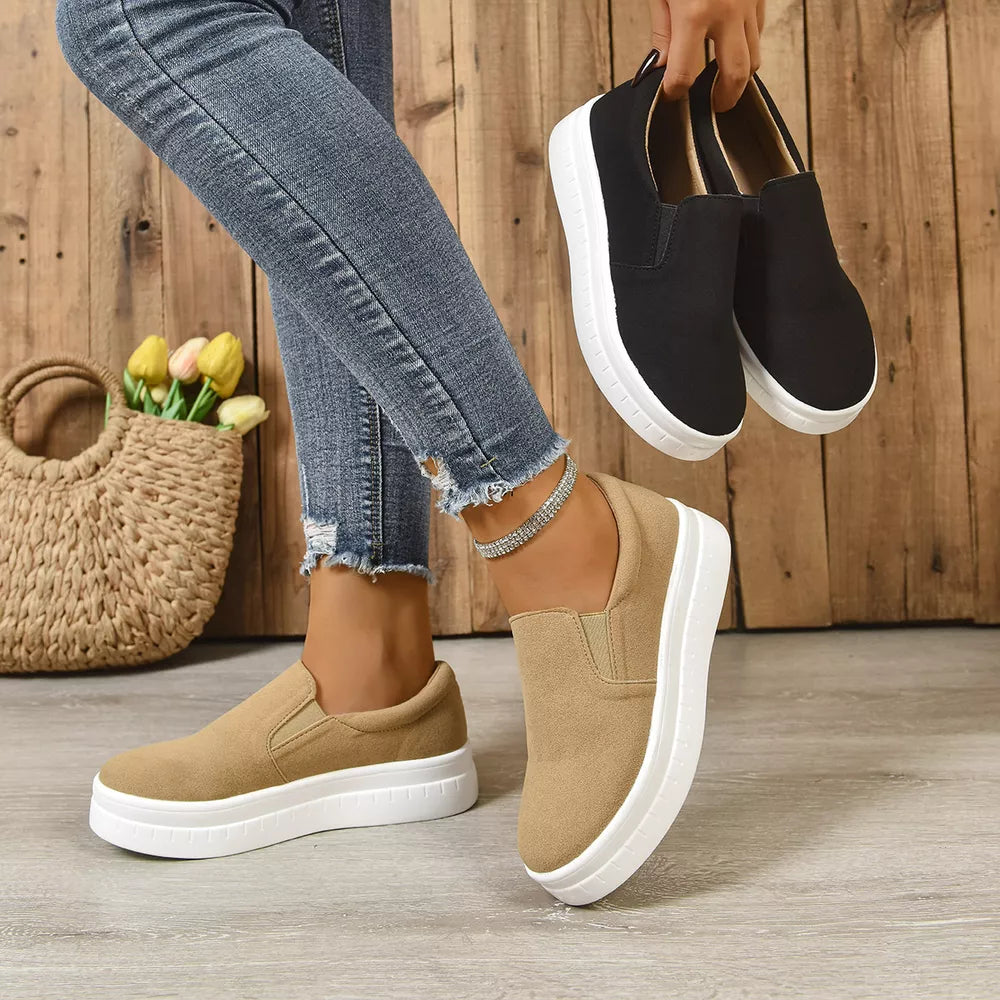 Round Toe Platform Slip-ons in Black, front view