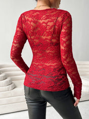 Scalloped lace second-skin top in scarlet with long sleeves and a floral pattern.