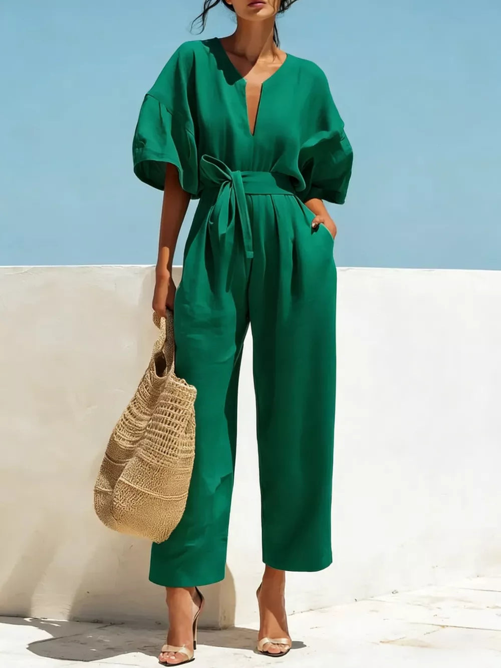 Tie Waist Wide Leg Jumpsuit, fit detail