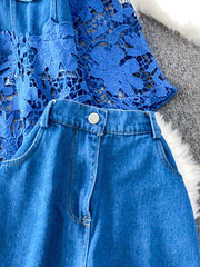 Blue lace-embellished two-piece set with denim shorts and a detailed top.