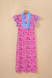 Vibrant floral midi dress with ruffle sleeves and blue V-neck collar.
