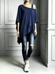 Full Size Asymmetrical Neck Short Sleeve T-shirt Plus Size in Navy, front view