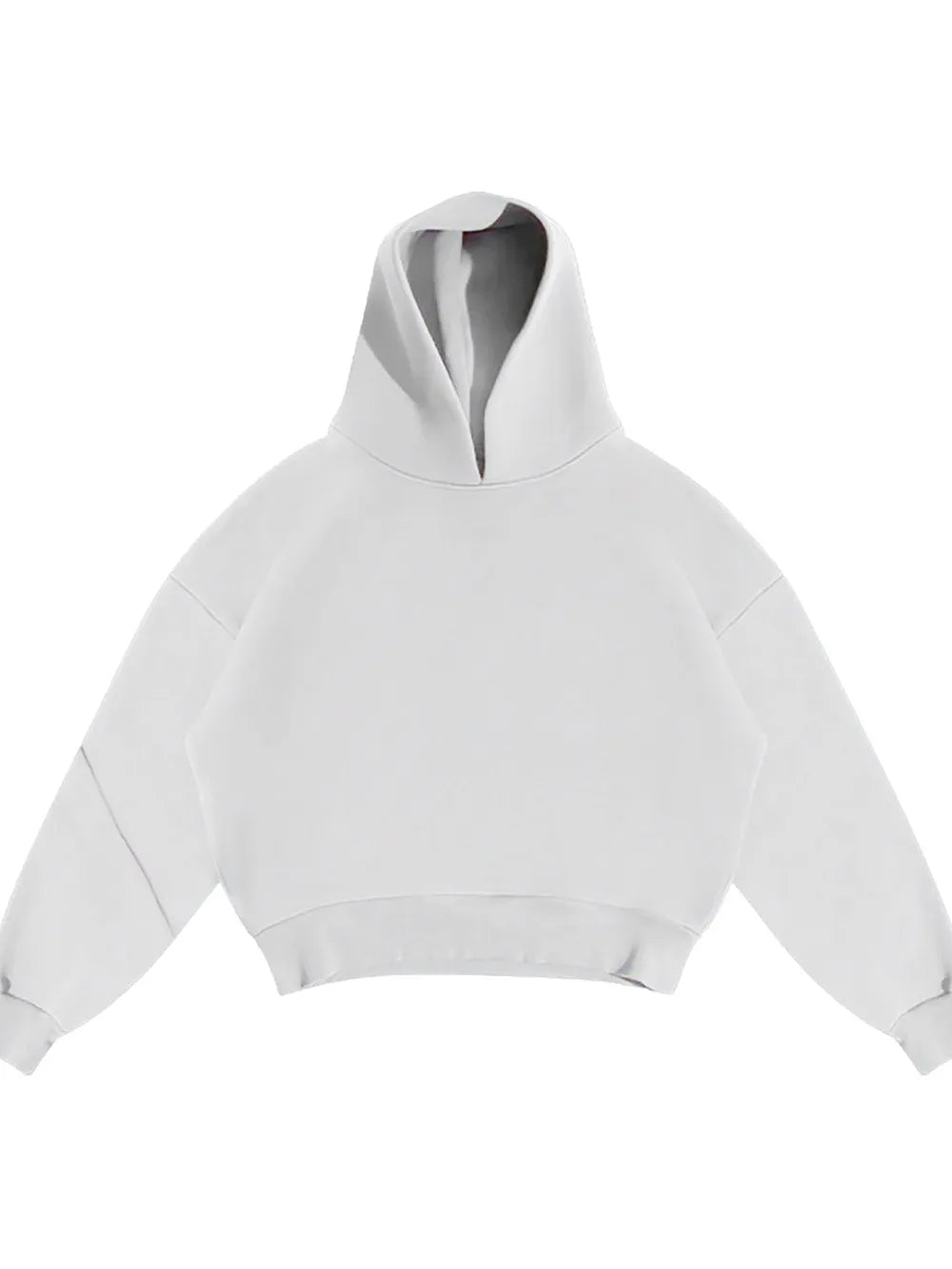 Oversized white hooded sweatshirt with drop shoulders and a relaxed fit.