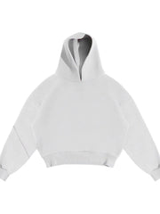Oversized white hooded sweatshirt with drop shoulders and a relaxed fit.
