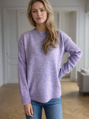Textured knit crew neck pullover sweater in lavender with ribbed cuffs and hem.