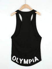 Black Olympia racerback tank top with white text detail