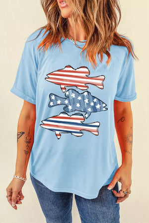 Light blue t-shirt with patriotic fish graphic, featuring red and white stripes and blue with white stars.