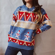 Festive Fair Isle knit jumper in blue with snowman and geometric pattern. Acrylic.