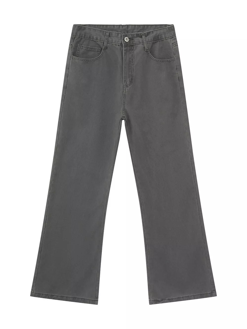 Men's relaxed fit grey cotton jeans with button fly and classic five-pocket styling.