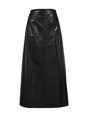 Black croc-effect A-line midi skirt with a subtle sheen.
